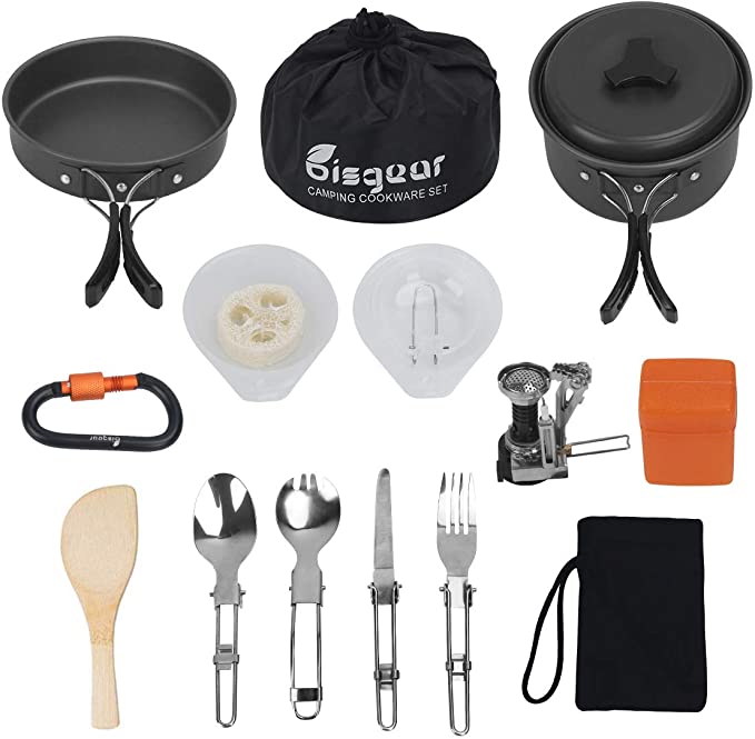 Bisgear 16 Pcs Camping Cookware Stove Carabiner Folding Spork Set